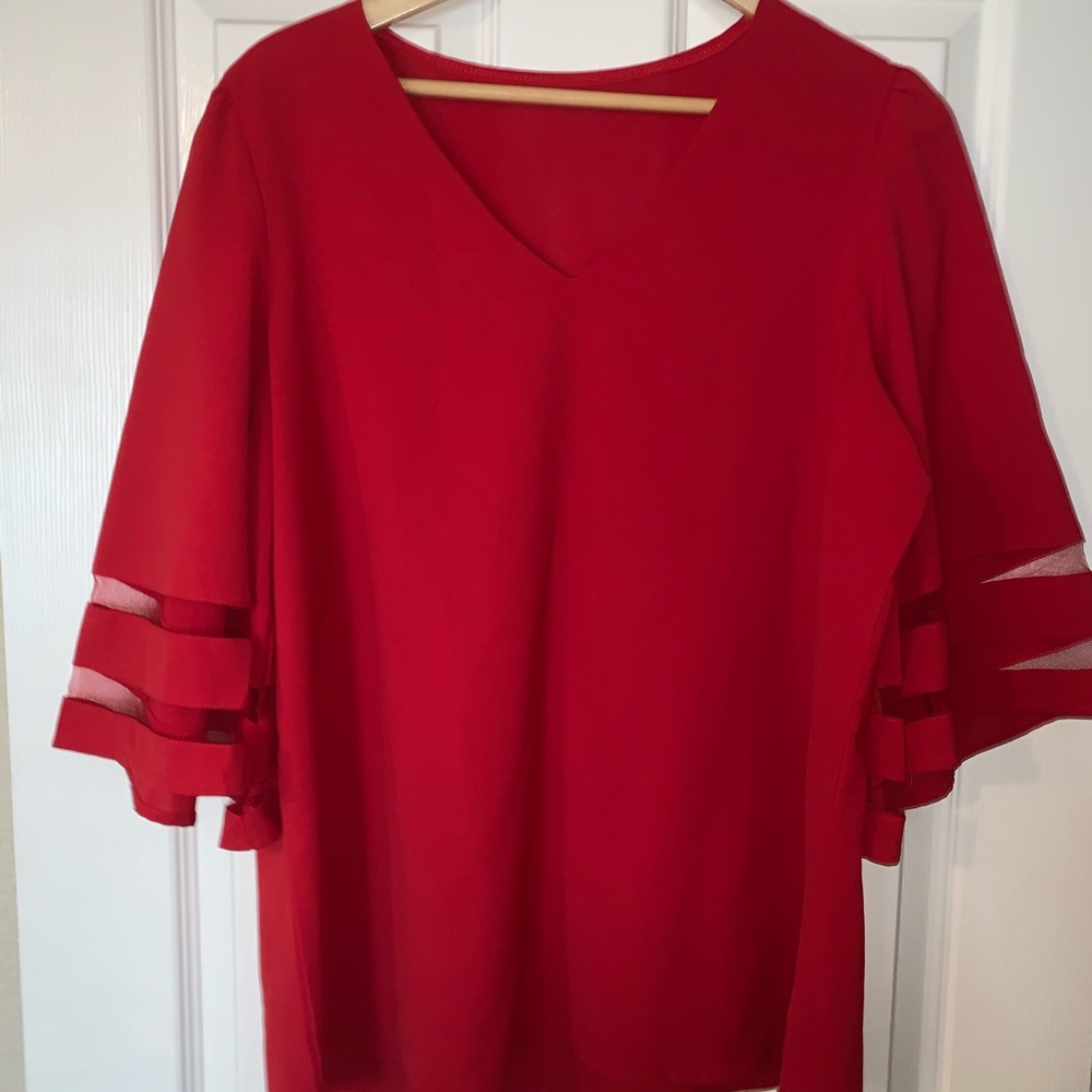 Red V neck blouse w bell sleeve